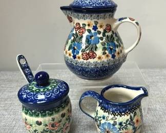 Polish Pottery Unikat Boleslawiec Small Lidded Pitcher, Jam Jar, and Small Creamer Pitcher, Signed