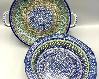Polish Pottery Unikat Boleslawiec Fluted Bowl and Handled Casserole signed