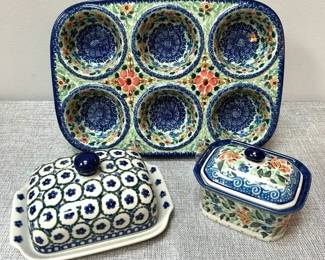 Polish Pottery Unikat Boleslawiec Muffin Pan, Covered Butter and Lidded Salt Box