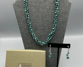 Honora Twisted Triple Strand Teal Cultured Freshwater Pearl Necklace with Matching Dangle Earrings