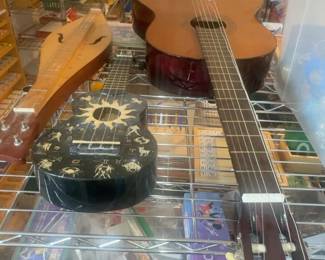 LE070 Three string instruments fullsizeclassical guitar small black decorated ukuleleguitar and wooden dulcimerzit