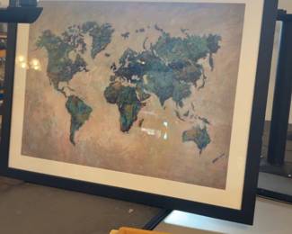 LE051 Framed world map artwork displayed behind Geometry Cabinet