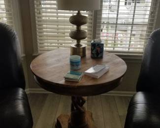 Pretty pedestal table; table lamp