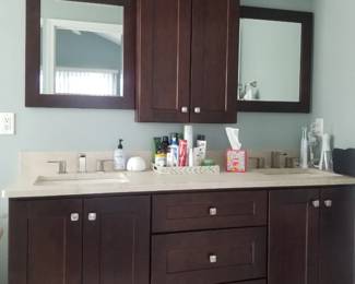 Double bath vanity; medicine cabinet; mirrors; vanity lights