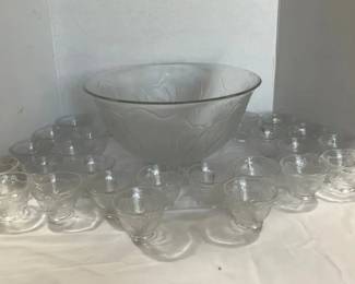 Etched Glass Punch Bowl And Tea Cups