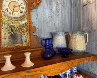 Kitchen: pottery pitchers, cobalt glassware 