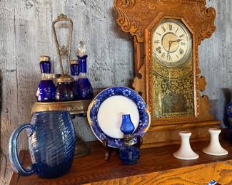 Kitchen: mantle clock, cobalt caster set