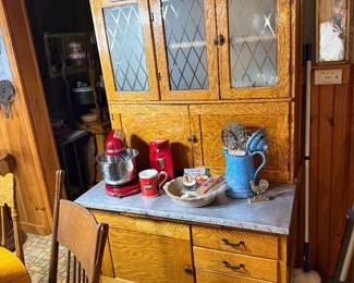 Kitchen: Hoosier cabinet, mixer, can opener, enamel coffee pot
