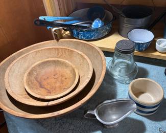 Living Room: vintage wooden bowls, fly trap
