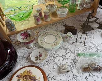 Living Room: hand painted pieces, green glassware 