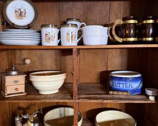 Kitchen: stag dinnerware, yellow ware bowls, butter crock