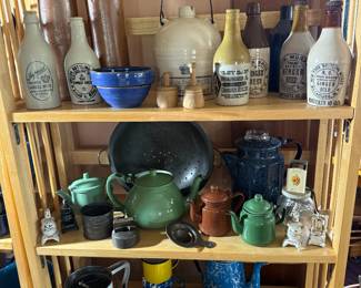 Living Room: ginger beer bottles, enamelware, butter stamps 