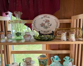 Living Room: green glass epergne , flower frog