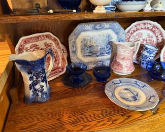 Kitchen: blue / pink transfer-ware, cobalt glass 