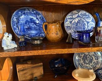 Kitchen: souvenir plates(1,000 Islands), butter mold, alabaster bird bath