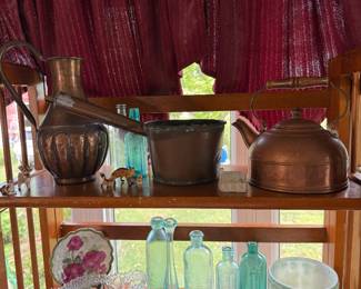 Living Room: copper pitcher, pot, & tea kettle, bottles, flower frogs