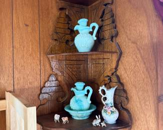 Living Room: corner wall shelf, Avon perfume bottles 