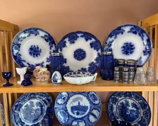 Living Room: souvenir plates, flow blue, eye cups