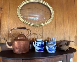 Living Room: Copper kettle, blue/white tea pots