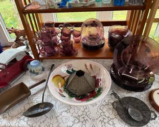 Living Room: copper scoop, ladle, Amethyst Forte Crisa dish set