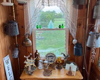 Back Porch: low dresser, enamelware, bottles