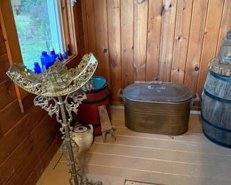 Back Porch:  brass fish bowl stand, copper boiler