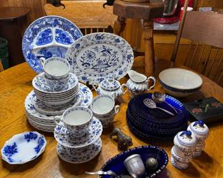 Kitchen: blue/white china, cobalt glass, yellow ware bowl