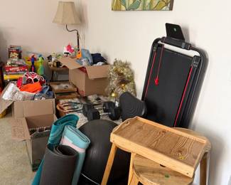 Treadmill, yoga mats, yoga ball, Children’s clothing, bar stools, decor