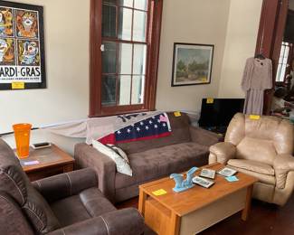 Sofa, recliner large American flag, posters, tables, dress with tags