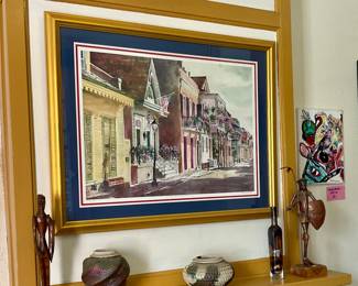 Pottery vases, sculptures, large frame French Quarter street scene