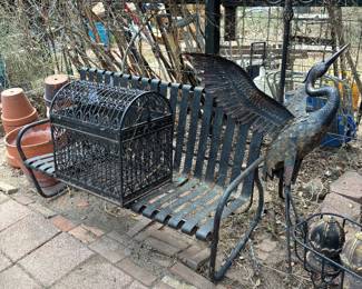 Metal bench, decorative bird cage