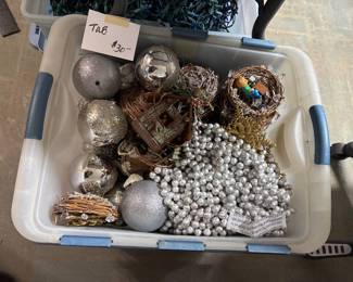 Tub of silver Christmas decorations