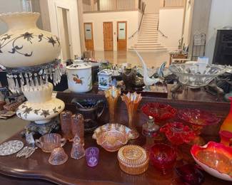 Marigold Carnival Glass and Pink depression glass pieces