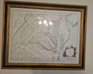 An antique 1755 engraved map of Virginia and Maryland by Robert de Vaugondy.