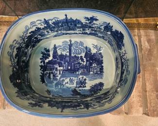 A blue and white transfer-printed ironstone foot bath by Victoria Ware.