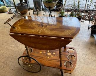 Italian drop leaf bar cart with Marquetry inlay