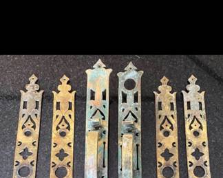 Two solid brass, Victorian thumb latch door handle, & 4 handle plates
