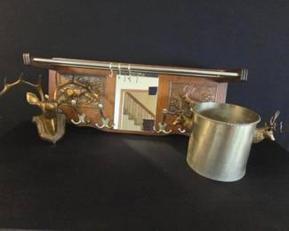 5 Brass Deer Wall Hooks and Ice Bucket Set
