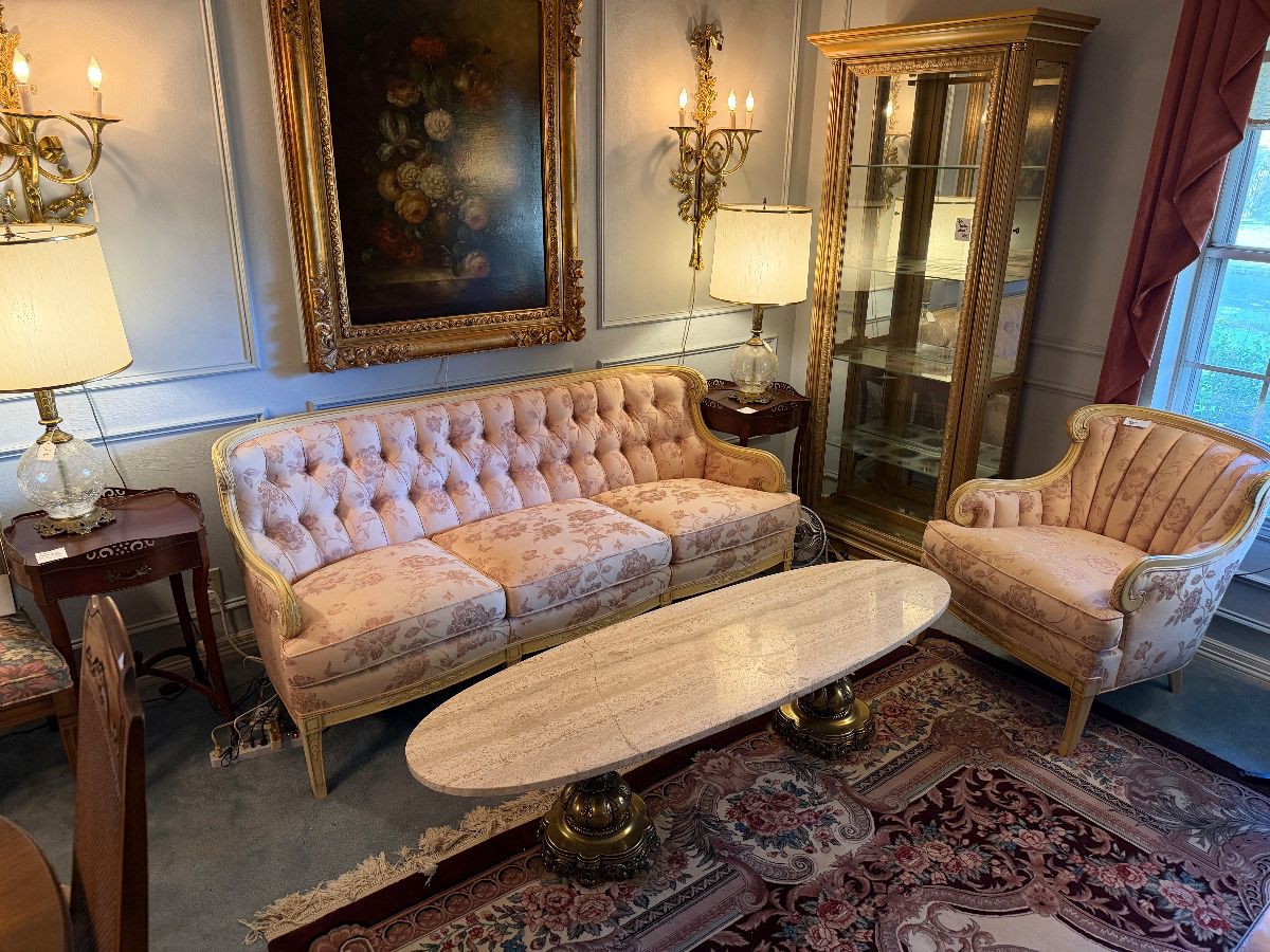 Gorgeous, pale pink satin couch, and loveseat