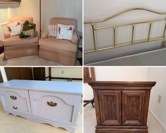 Biederlack Orchard Farm Throw Blanket, Brass Full Bedframe, King Bedroom Set- nightstand, headboard, vanity, & dresser. Periwinkle Wood Blanket Chest & Multiple Recliner Chairs