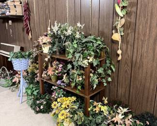 Assorted Faux Plants, Flowers, Trees, & Vegetables. Wooden Bookshelf