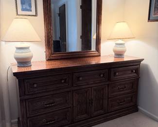 King Solid Carved Wood Vanity Dresser, Ceramic Pottery Lamp Pair