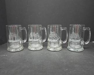 Etched Glass Ship Motif Beer Steins