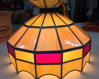 Stained Glass Pendant Lamp With Amber & Red Panels