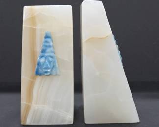 Onyx Bookends with Blue Carved Face Motif