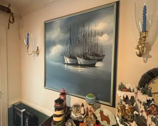 Carlson Original Oil on Canvas Painting of Anchored Ships