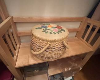 Vintage Japanese Woven Sewing Basket with Floral Needlepoint Lid