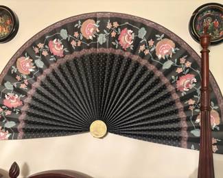 Large Decorative Wall Fan with Floral Motif and Shell Medallion