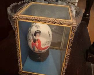 Vintage HandPainted Chinese Egg with Geisha and Calligraphy in Display Case