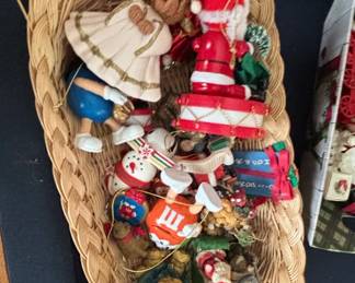Assorted Christmas Ornaments in Wicker Basket with MM and Santa Figures